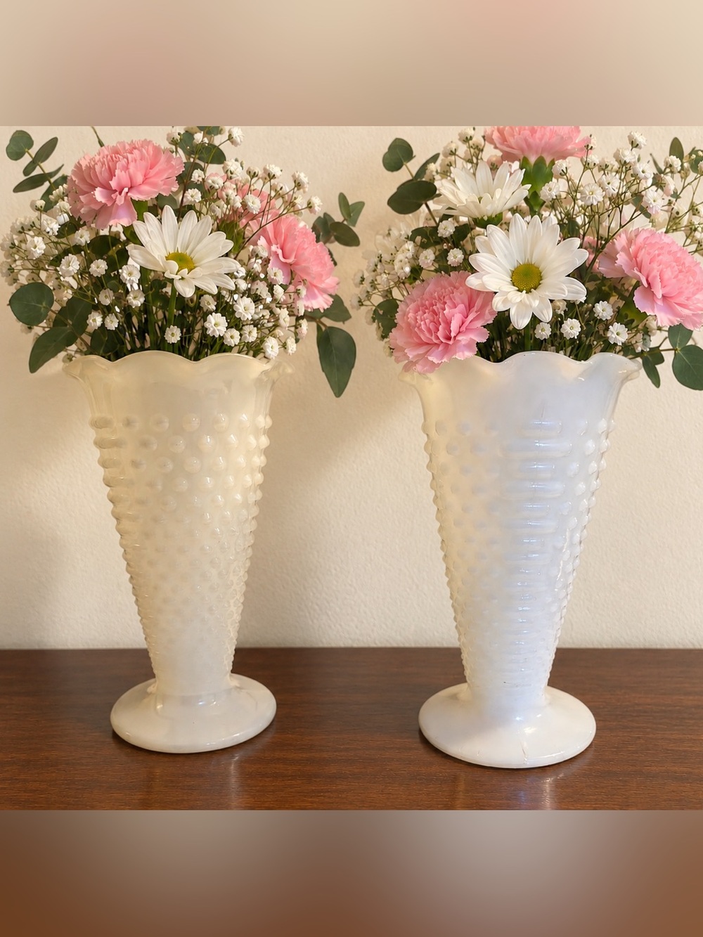 Vintage Hobnail Milk Glass Vases: Trumpet Style, Scalloped Rim - Set of 2